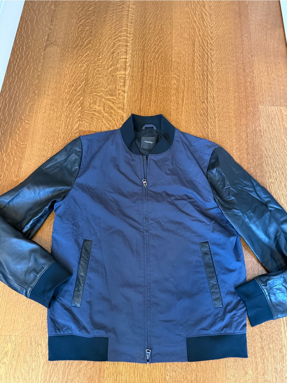 Theory Mens bomber with leather sleeves size large